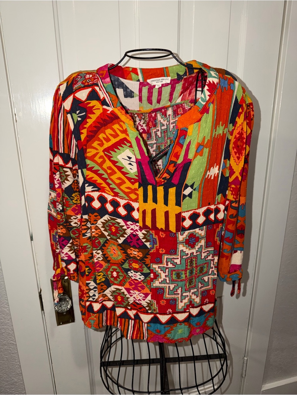 Christian Siriano Multi-Color Geometric Patchwork V-Neck Blouse